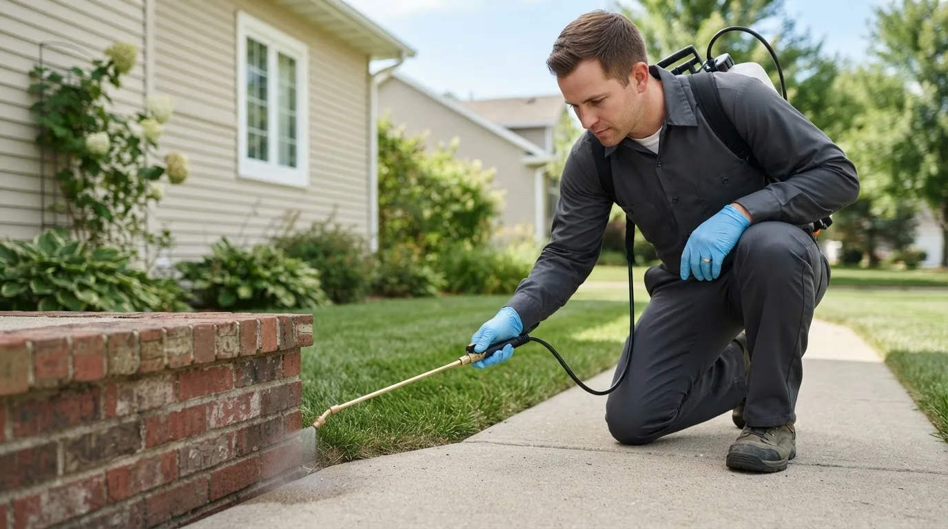 Pest control technician treating a home near Lewisville, TX