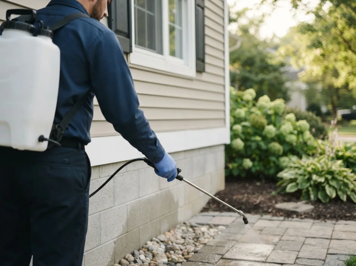 Pest control technician inspecting a home in Lewisville, TX